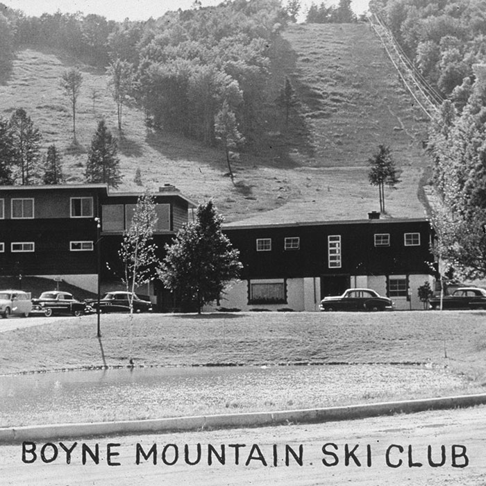 A black and white image of Boyne Mountain from the archives.